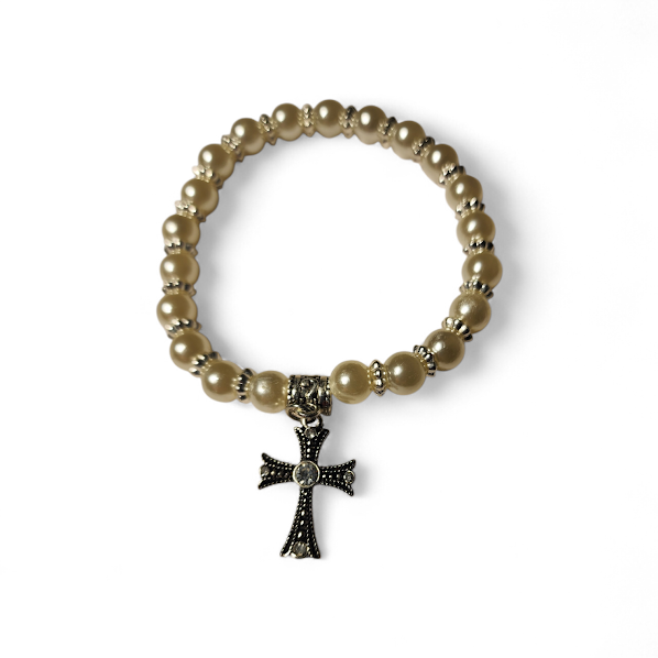 WHITE PEARL AND CROSS BRACELET